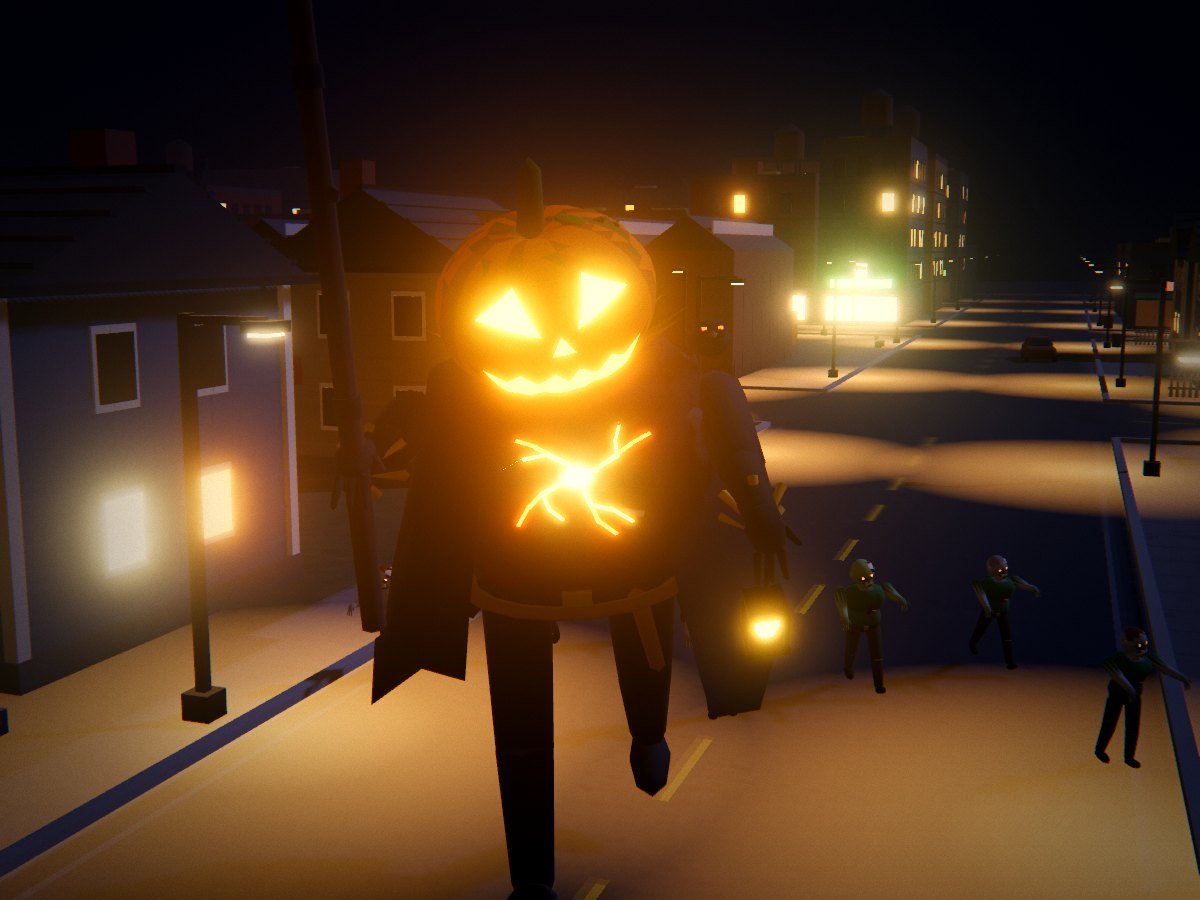 The Harvest Lord: a giant with a glowing carved pumpkin head, a cloak, a scythe and a lantern