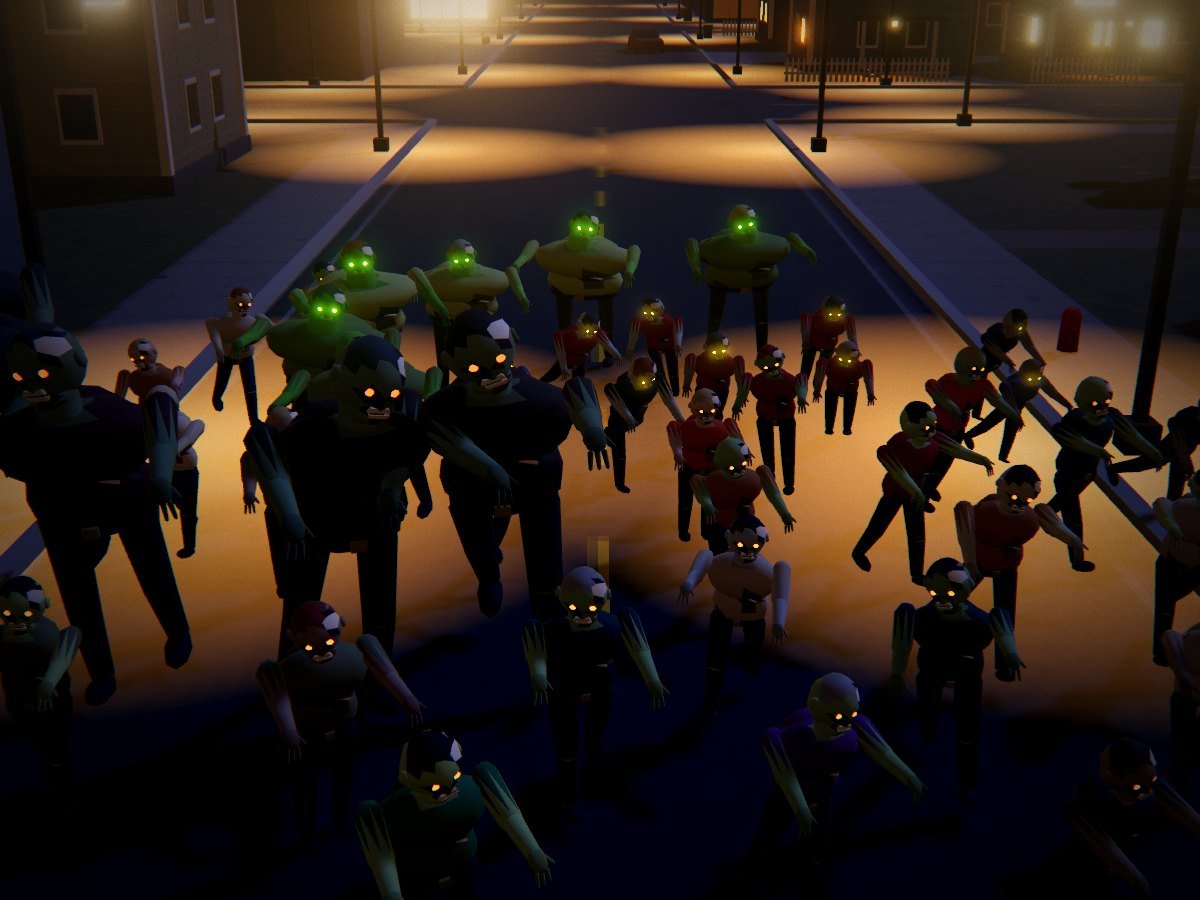 A crowd of zombies shambling down a lamp-lit street